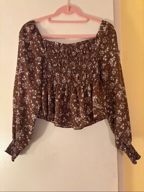 Ultra Flirt Brown Floral Smocked Peasant Top